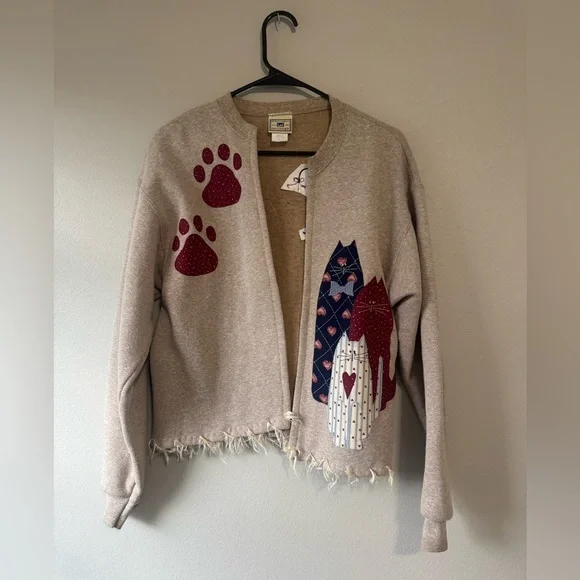 Vintage Cat Paw Print Appliqué Cardigan Jacket Beige Frayed Hem Cozy Cat Lover M - Picture 2 of 10